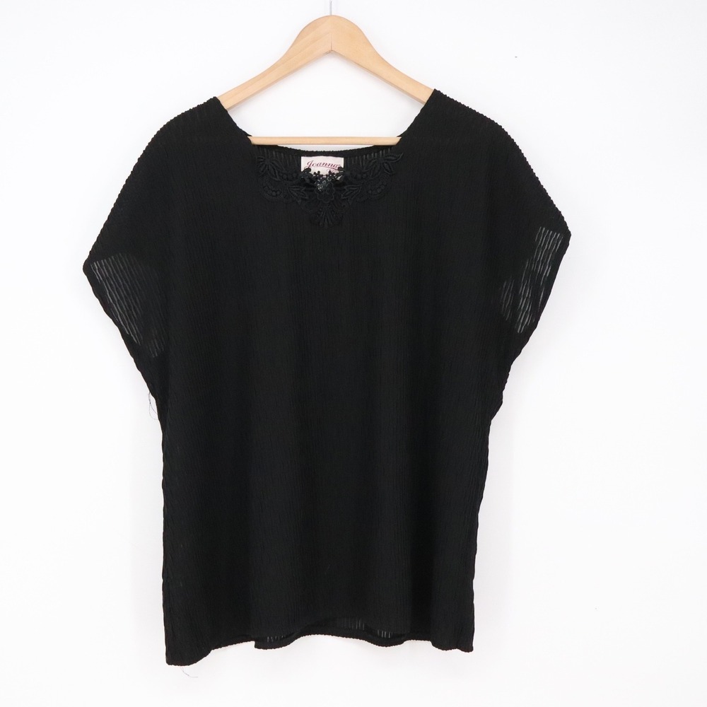 Joanna Blouse Women 22W Black Lace Trim V-Neck Pleated Excellent
